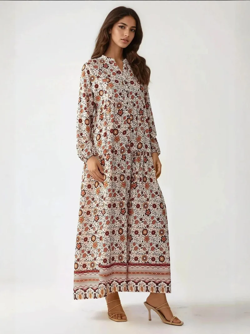 HICCUP Multicolor Printed V-Neck Maxi Dress with Buttons for Women | Best Price UAE