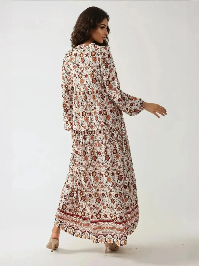 HICCUP Multicolor Printed V-Neck Maxi Dress with Buttons for Women | Best Price UAE