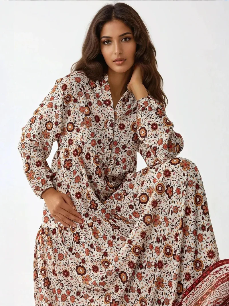 HICCUP Multicolor Printed V-Neck Maxi Dress with Buttons for Women | Best Price UAE
