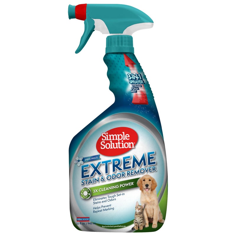 Simple Solution Extreme Pet Stain and Odor Eliminator Spray for Dogs and Cats Enzymatic Cleaner with 3X ProBacteria Cleaning Power Strong Urine Pee Poop Stain Remover Spring Breeze 32 oz