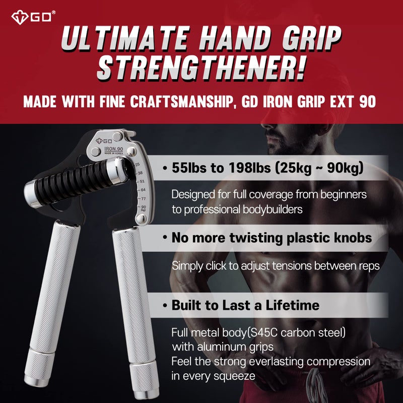 GD مدرب قوة القبضة GD IRON GRIP EXT 90 - مدرب قبضة يد قابل للتعديل (55 إلى 198 رطل (25~90 كجم)) لتقوية الساعدين والمعصم - أفضل تمارين القبضة - Image 2
