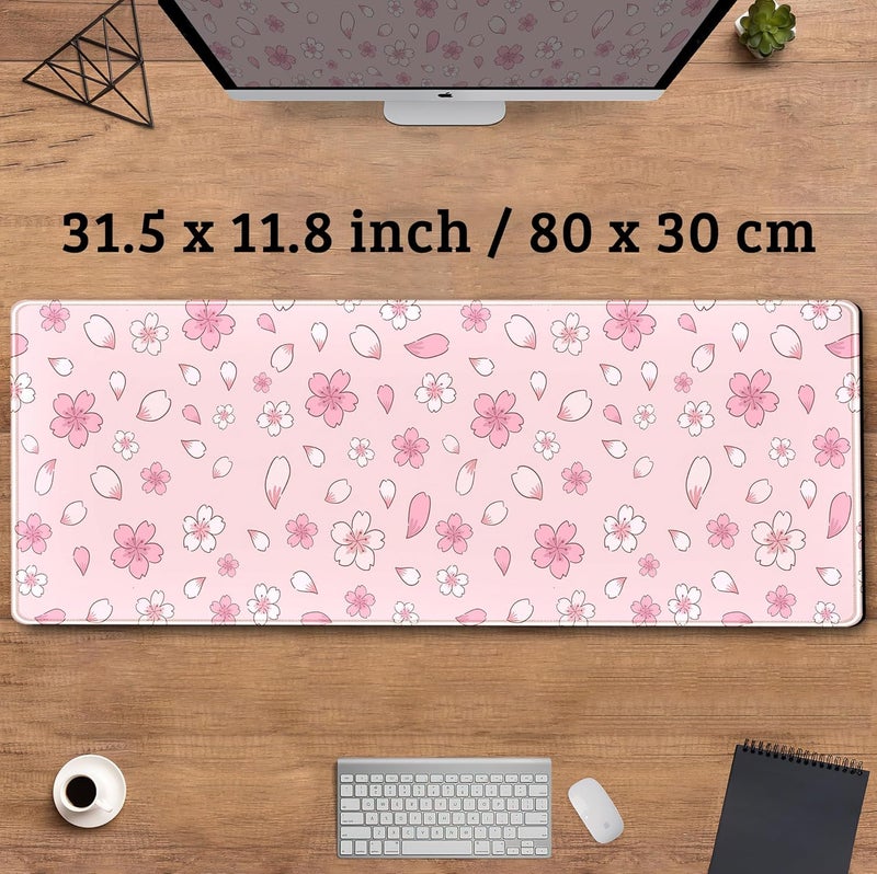 DCJJM Cherry Blossom Mouse Pad Kawaii Pink XL Large Extended Gaming Desk Mat Cute Pastel Anime Desk Pad Aesthetics Laptop Keyboard Mouse Mat Women Office Decor Mousepad with Stitched Edges 31.5''x11.8'' - Image 3