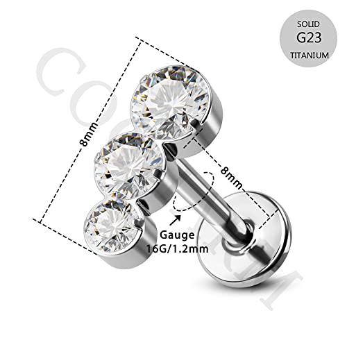 COCHARM أقراط كوشارم G23 تيتانيوم 16 جرام هليكسا كارتيلج كونش مزينة بثلاثة أحجار CZ مع ظهر مسطح لثقب هليكسا للنساء والرجال بطول 8 مم وبار هليكسا خالي من النيكل - Image 3