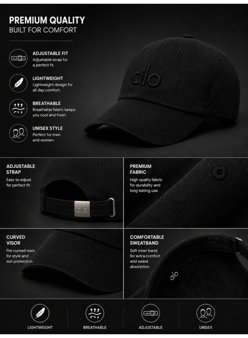 Alo Yoga Premium Unisex Adjustable Baseball Cap – Lightweight Breathable Casual Sports Hat for Men & Women, Minimal Streetwear Style, Curved Visor Black Cap - Image 4