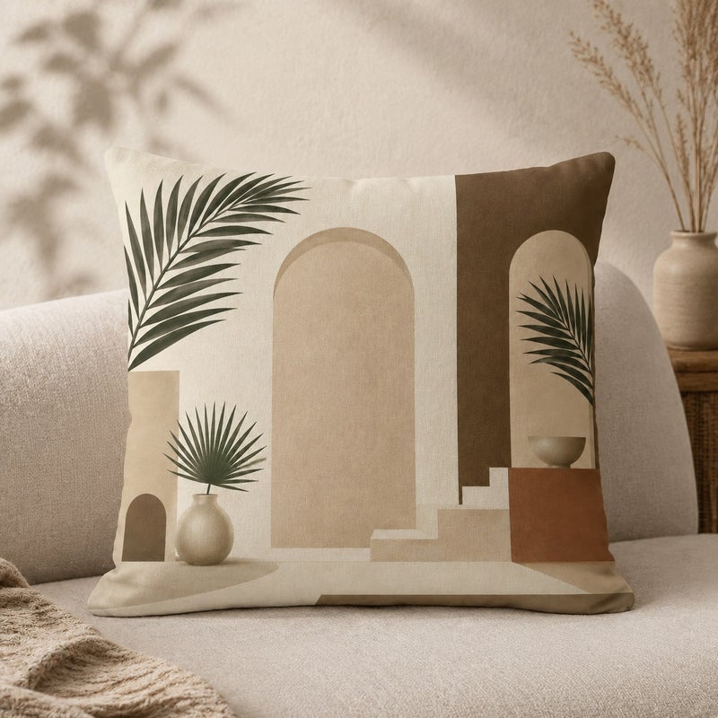 أغطية وسائد ديكور بتصميم أقواس هندسية وأوراق نخيل - طقم 4 قطع بلمسة بوهيمية عصرية للكنب وغرف النوم والمعيشة - Image 3