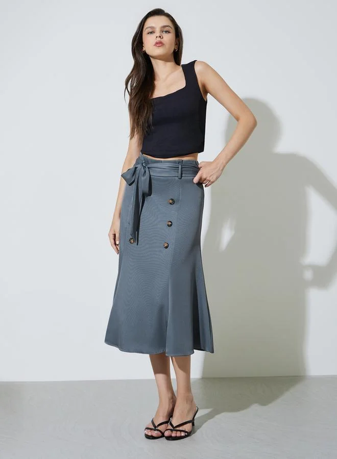 تايك تو Grey Flared Midi Skirt with Button Detail