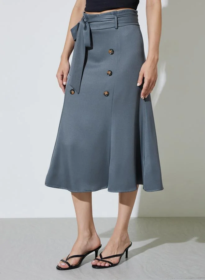 تايك تو Grey Flared Midi Skirt with Button Detail