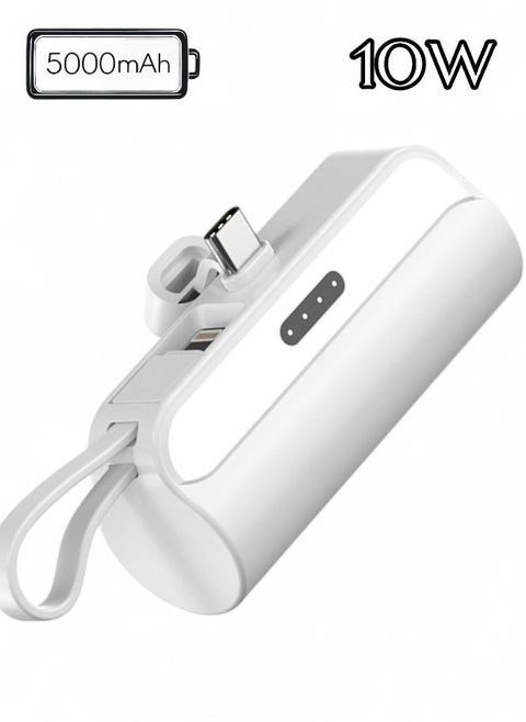 5000mAh Mini Power Bank Type-C Connector, Portable Charger Battery Pack, with Built in Cables and Foldable Stand & LED Display With light – Compatible for iPhone, Samsung Galaxy, AirPods, iPad, and more (Black/White)