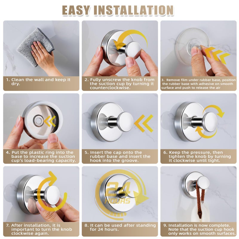 Fenas Suction Cup Hooks for Shower No-Drill Bathroom Hooks for Towels, Robes, Loofah Mountable on Bathroom Walls, Kitchen, Glass, Mirrors, Tile and Smooth,Non-Porous Surfaces (2, Chrome Polished) - Image 5