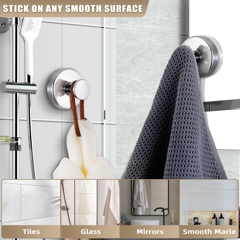 Fenas Suction Cup Hooks for Shower No-Drill Bathroom Hooks for Towels, Robes, Loofah Mountable on Bathroom Walls, Kitchen, Glass, Mirrors, Tile and Smooth,Non-Porous Surfaces (2, Chrome Polished) - Image 2