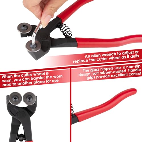 Cesilili Glass Tile Nippers 7", Heavy Duty Wheeled Glass Mosaic Nipper, Glass Nippers with Soft Rubber Handle for Stained Glass, Ceramic Tile Nipper Mosaic Tools with an allen wrench - Image 4
