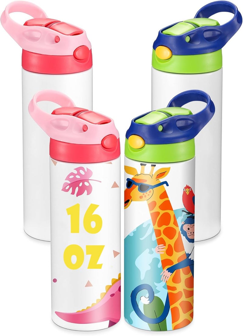 OFFNOVA 16oz Kids Sublimation Tumbler Kids Sublimation Water Bottle Blank with Handle Children Sublimation tumblers Cups for Milk Soda Juice Drinks 4 Pack