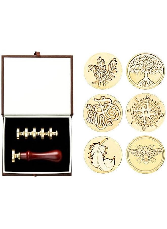 HOOKOR Wax Seal Stamp Set, 6 Vintage Sealing Wax Stamp Heads + 1 Wooden Handle for Wedding Invitations, Card Envelope Wax Stamp Set (Style 1)  - Image 1