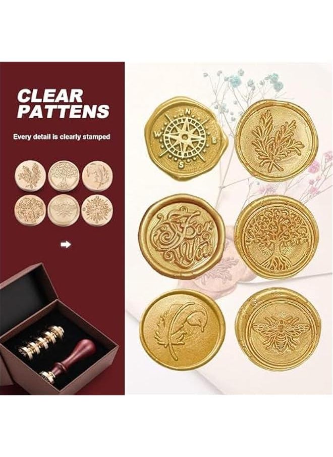 HOOKOR Wax Seal Stamp Set, 6 Vintage Sealing Wax Stamp Heads + 1 Wooden Handle for Wedding Invitations, Card Envelope Wax Stamp Set (Style 1)  - Image 2
