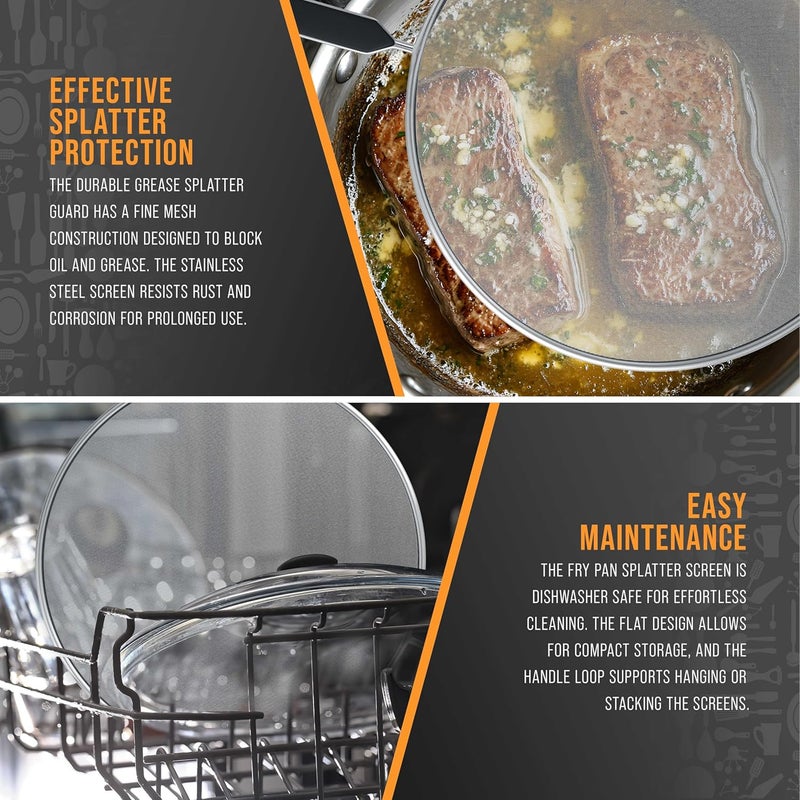 U.S. Kitchen Supply طقم واقي تناثر من الفولاذ المقاوم للصدأ مكون من 4 قطع (13 بوصة، 11.5 بوصة، 10 بوصة، 8 بوصة) غطاء شبكي ناعم، واقي من الدهون والزيت، شاشة تناثر لمقلاة الطهي، مع مقابض مريحة. - Image 5