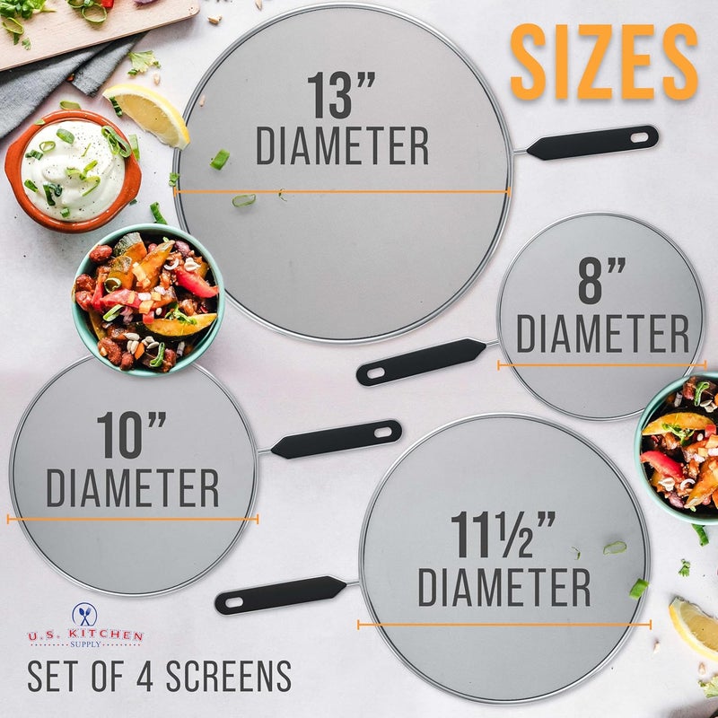 U.S. Kitchen Supply طقم واقي تناثر من الفولاذ المقاوم للصدأ مكون من 4 قطع (13 بوصة، 11.5 بوصة، 10 بوصة، 8 بوصة) غطاء شبكي ناعم، واقي من الدهون والزيت، شاشة تناثر لمقلاة الطهي، مع مقابض مريحة. - Image 3
