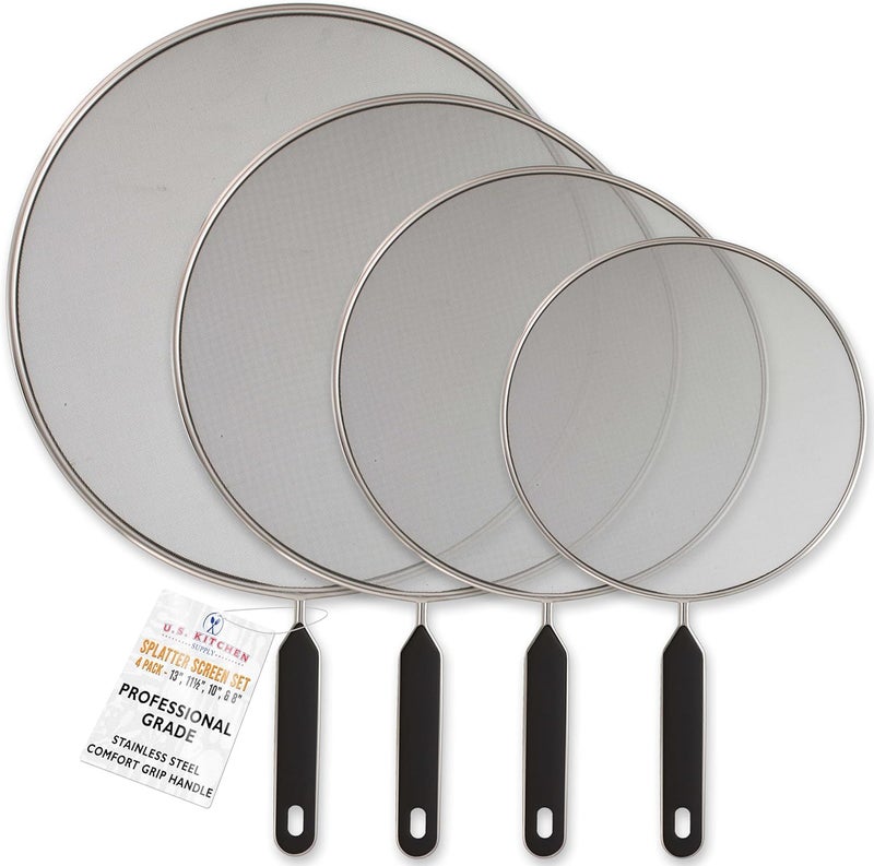 U.S. Kitchen Supply طقم واقي تناثر من الفولاذ المقاوم للصدأ مكون من 4 قطع (13 بوصة، 11.5 بوصة، 10 بوصة، 8 بوصة) غطاء شبكي ناعم، واقي من الدهون والزيت، شاشة تناثر لمقلاة الطهي، مع مقابض مريحة. - Image 1