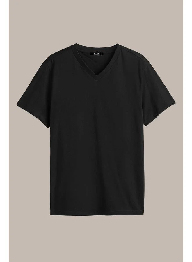 mmetalic Men's Indigo 100% Cotton Basic Regular Fit Short Sleeve V-Neck T-Shirt