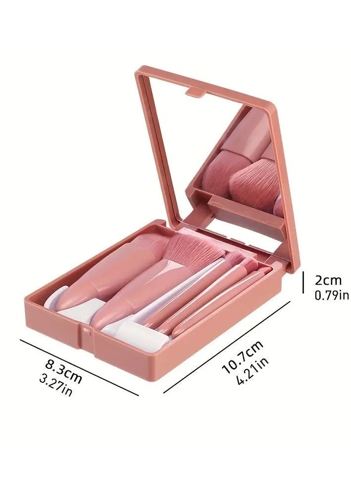 5 Pack Portable Mini Make up Brush Set With Mirror and Case Soft Fiber Hair Powder and Eye Shadow Brushes for Professional Beauty Tools - Pink - Image 4