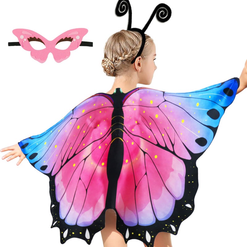 iROLEWIN Toddler Kids-Butterfly-Wings-Costume for Girls-Dress-up Mask Headband, Butterfly Dress Up Wings Halloween Party Favors (Pink) - Image 1