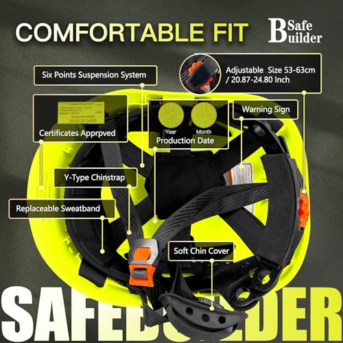 SAFEBUILDER خوذة أمان SAFEBUILDER للمهندسين مع فتحات تهوية قابلة للتعديل للرجال والنساء ، خوذة أمان صناعية بنظام تعليق 6 نقاط ANSI Z89.1-14 (خوذة صفراء فوسفورية 02)  - Image 4