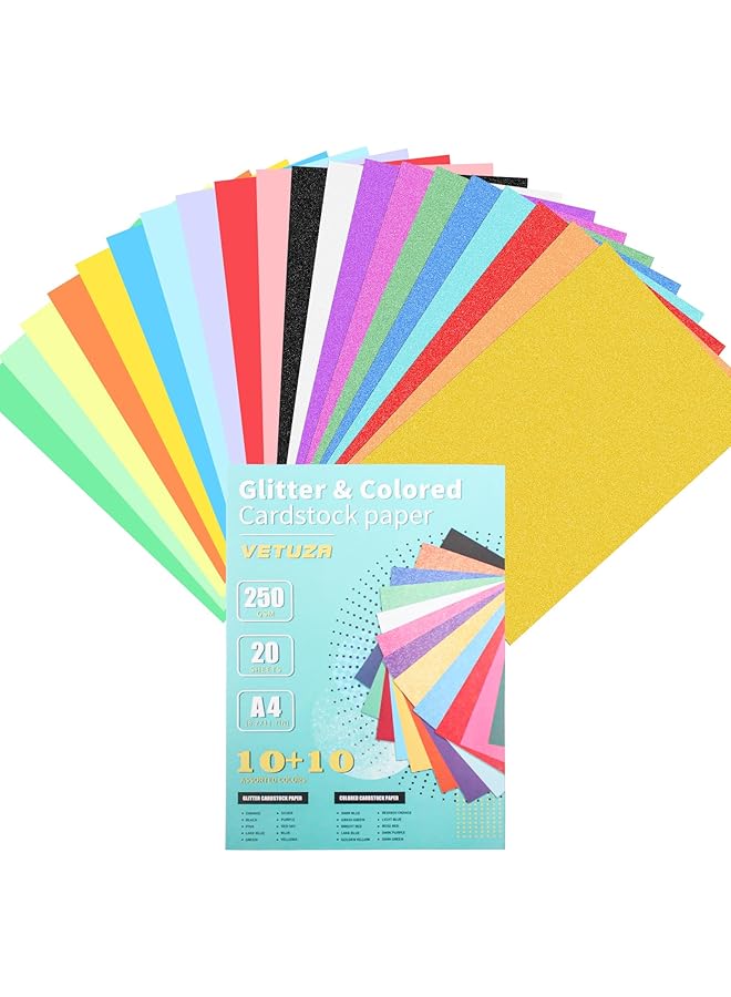 إيروريكس مجموعة ورق مقوى لامع مكونة من 20 ورقة متعددة الألوان من ورق مقوى لامع وورق مقوى ملون مقاس A4 ورق مقوى سميك ملون لامع لصناعة البطاقات اليدوية وديكور الحفلات وتغليف صناديق الهدايا - Image 1