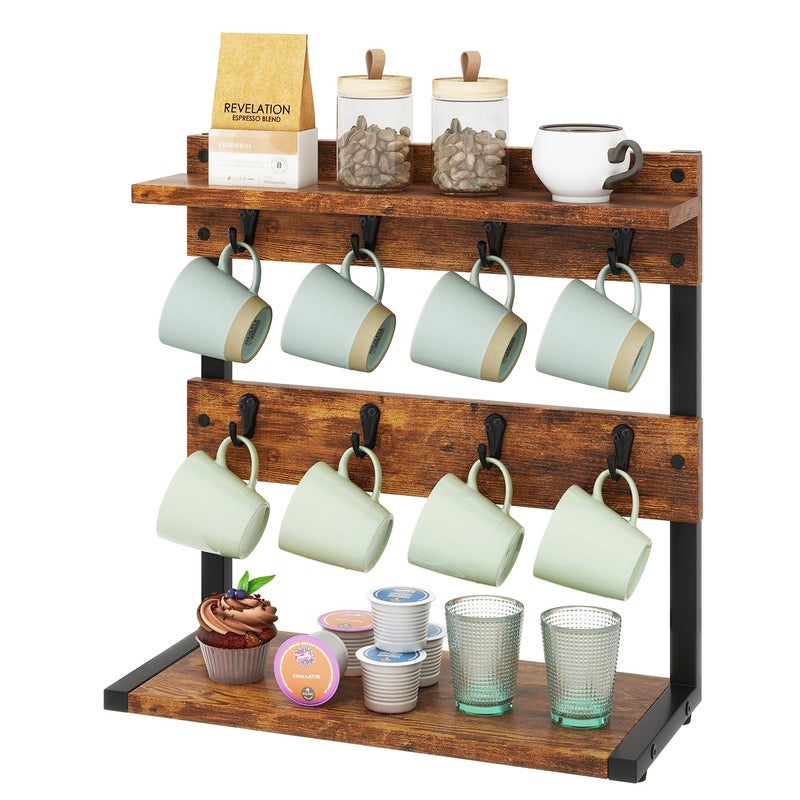 IBUYKE Rustic Coffee Mug Holder Stand 2 Tier Countertop Mug Tree Holder Rack with Storage Base Vintage Mug Holders for Kitchen Holds 8 Mugs Rustic Brown UTBJ002H
