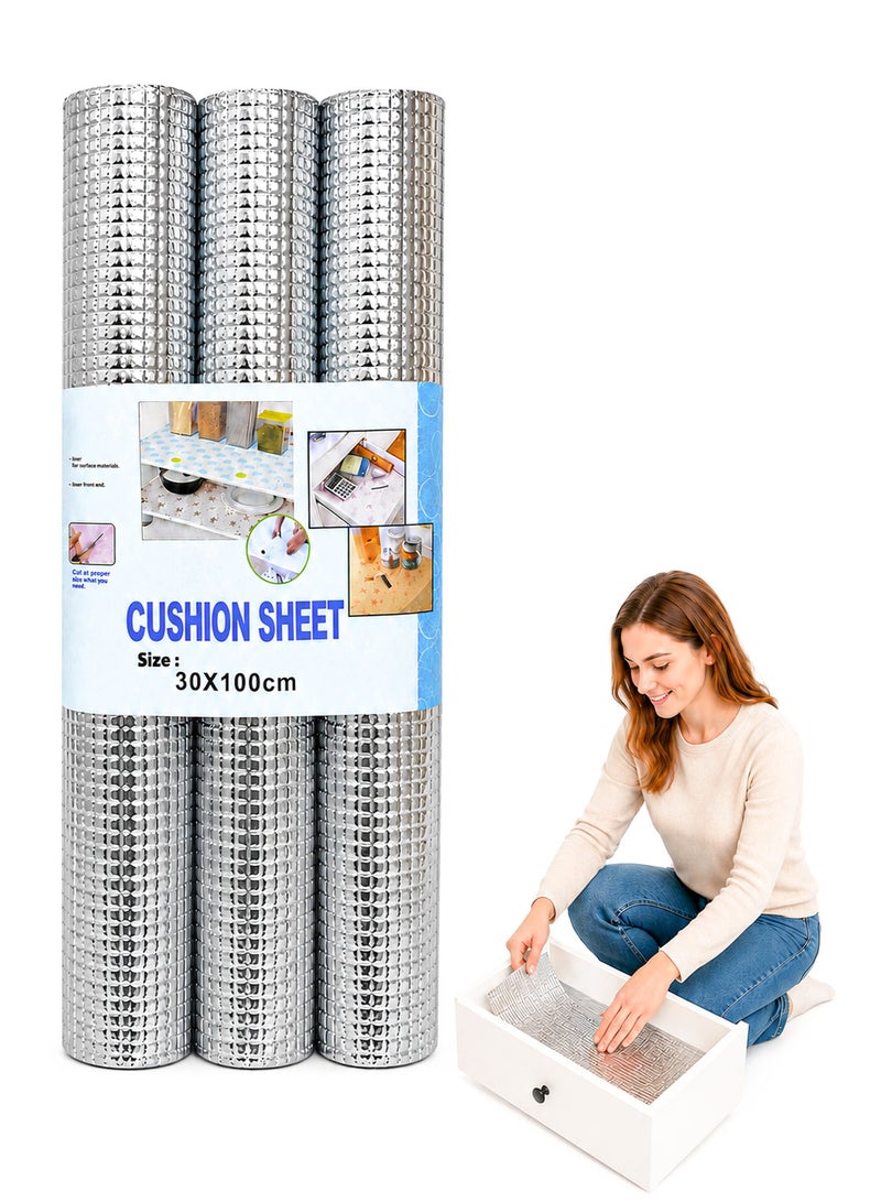 Multipurpose Aluminum Shelf Mat Roll 3PCS (30 × 100cm), Anti-Slip Waterproof Cabinet & Drawer Liner for Kitchen Shelves, Refrigerator, Table & Cupboard Protection (Silver) - Image 1