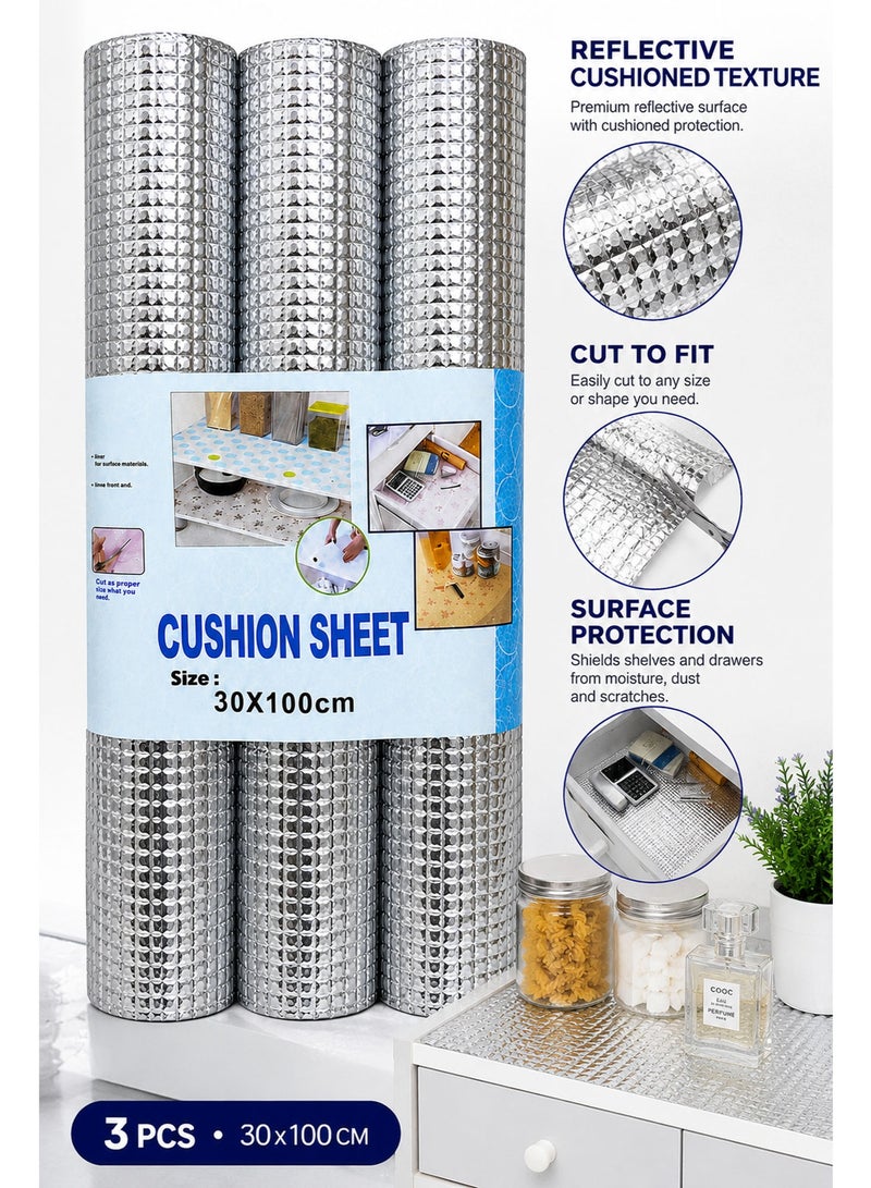 Multipurpose Aluminum Shelf Mat Roll 3PCS (30 × 100cm), Anti-Slip Waterproof Cabinet & Drawer Liner for Kitchen Shelves, Refrigerator, Table & Cupboard Protection (Silver) - Image 2