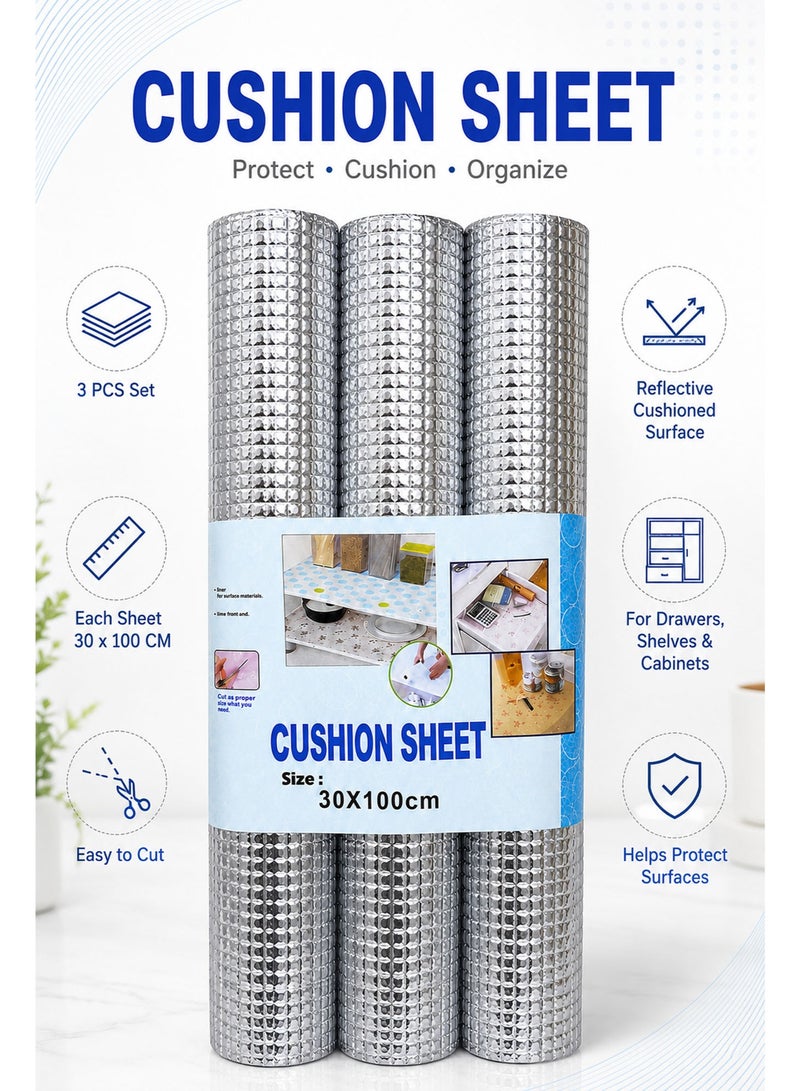 Multipurpose Aluminum Shelf Mat Roll 3PCS (30 × 100cm), Anti-Slip Waterproof Cabinet & Drawer Liner for Kitchen Shelves, Refrigerator, Table & Cupboard Protection (Silver) - Image 3
