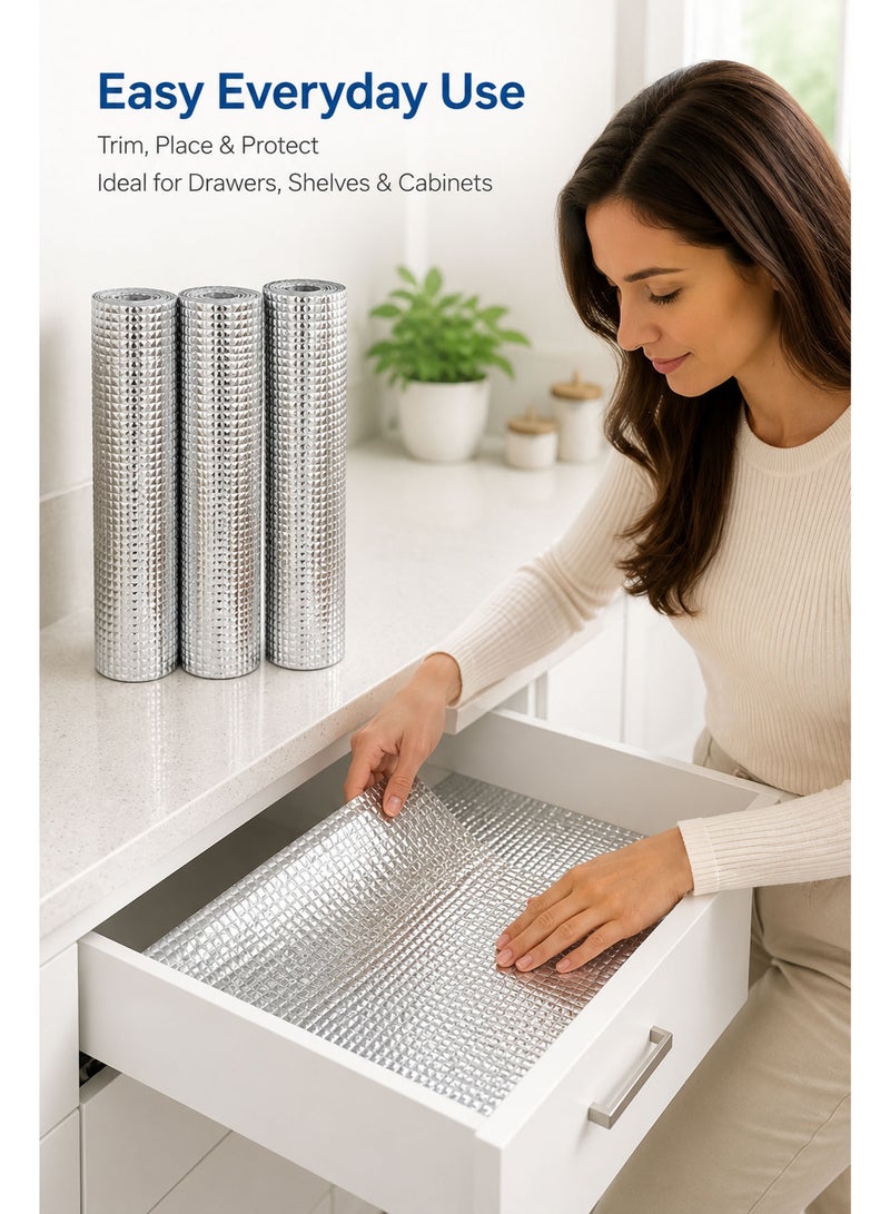 Multipurpose Aluminum Shelf Mat Roll 3PCS (30 × 100cm), Anti-Slip Waterproof Cabinet & Drawer Liner for Kitchen Shelves, Refrigerator, Table & Cupboard Protection (Silver) - Image 4