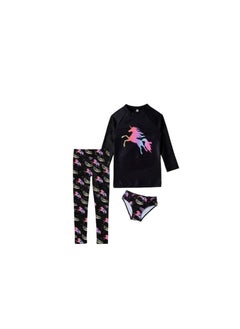 Girls' swimsuit consisting of a black T-shirt with a drawing and black pants decorated