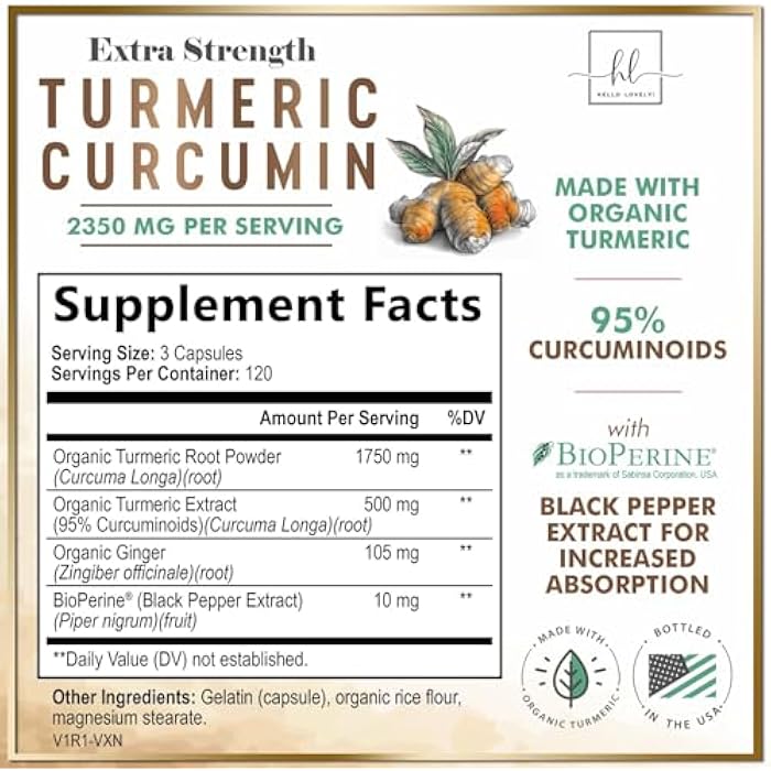 Hello Lovely! Turmeric Curcumin Supplement with 95% Curcuminoids, Organic Turmeric & Ginger 1750mg, BioPerine Black Pepper for Best Absorption, Nature's Vegan Joint Support, Non-GMO, Bottled in USA - 360 Capsules - Image 2
