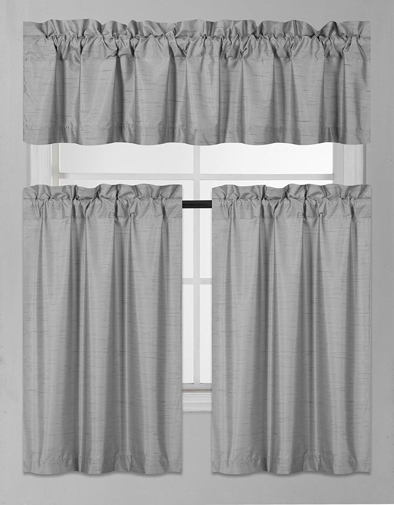 Fancy Linen Fancy Collection 3 Pieces Faux Silk Blackout Kitchen Curtain Set - Tier Curtains and Valance Solid Silver/Light Grey Window Thermal Backing Drapes New - Image 1