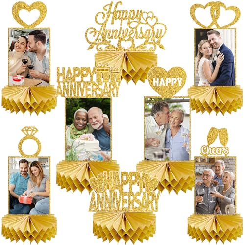 Eucutur 8Pcs Gold Happy Wedding Anniversary Decorations Honeycomb Centerpiece Gold Glitter Anniversary Photo Table Centerpiece Party Supplies 25th 30th 40th 50th 60th Gold Anniversary Table Topper - Image 1