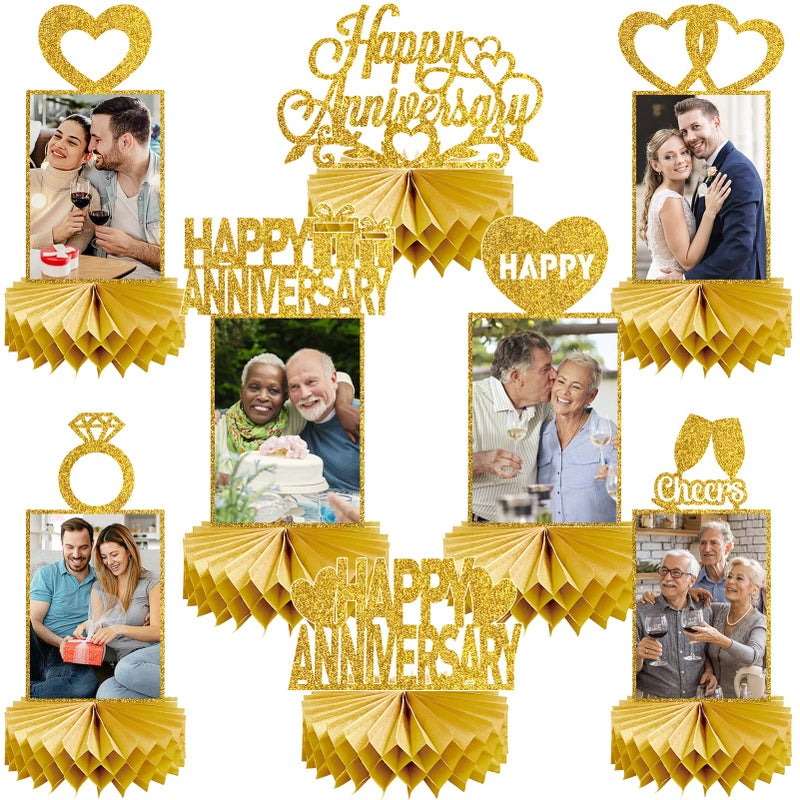 Eucutur 8Pcs Gold Happy Wedding Anniversary Decorations Honeycomb Centerpiece Gold Glitter Anniversary Photo Table Centerpiece Party Supplies 25th 30th 40th 50th 60th Gold Anniversary Table Topper - Image 2
