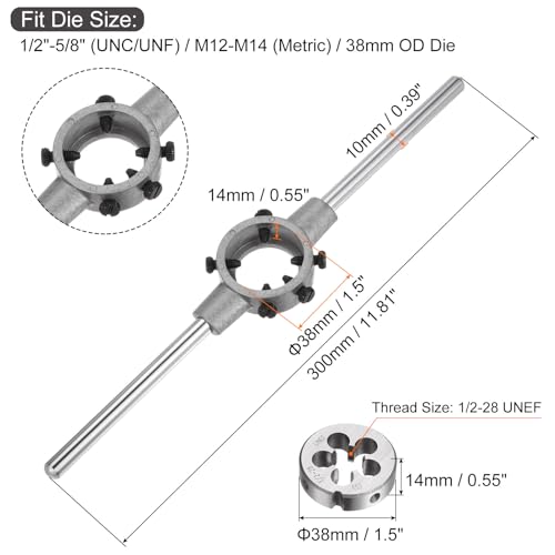 uxcell Die Stock Handle Wrench Set 1228 UNEF Round Die and 38mm Die Holder Fits 1258 UNCUNF Metric M12M14 38mm OD Dies for Bolt Thread Repair - Image 3