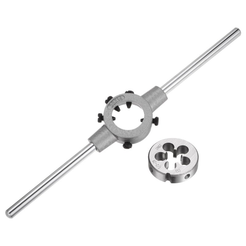 uxcell Die Stock Handle Wrench Set 1228 UNEF Round Die and 38mm Die Holder Fits 1258 UNCUNF Metric M12M14 38mm OD Dies for Bolt Thread Repair - Image 2