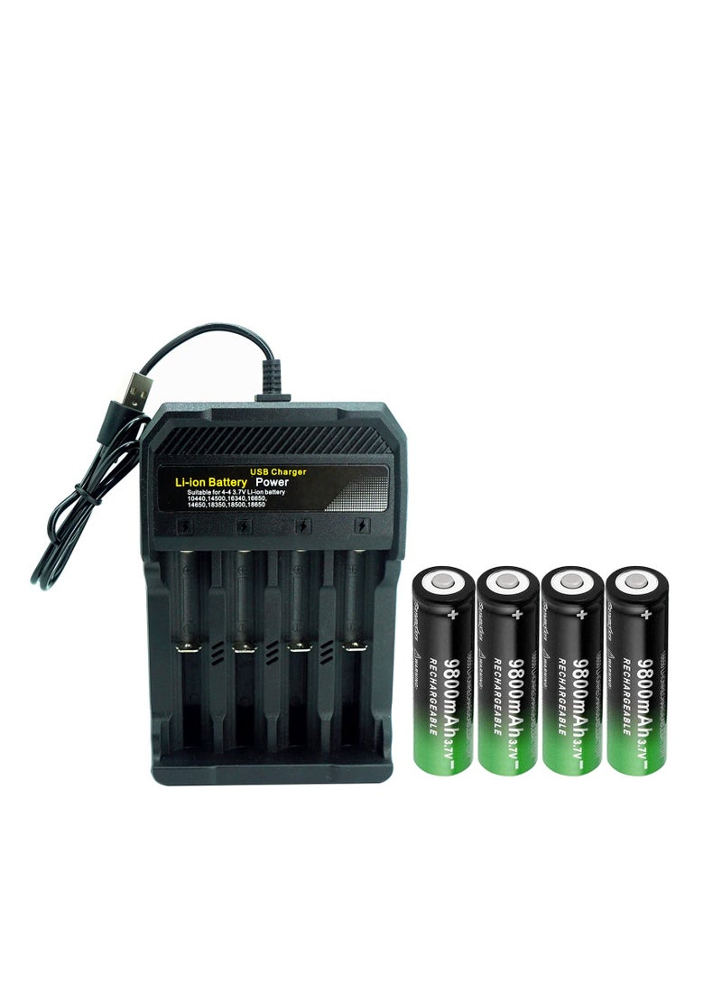 4 PCS 18650 Battery charge with 3.7V 9800mAh Button Top Rechargeable Battery and 4-Bay Charger for Headlamps, RC Cars, Flashlight, Doorbell, Camera, Small Fan, Sound Equipment and More  - Image 1