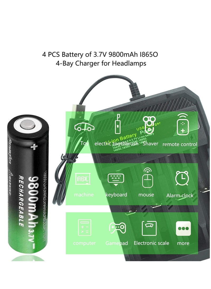 4 PCS 18650 Battery charge with 3.7V 9800mAh Button Top Rechargeable Battery and 4-Bay Charger for Headlamps, RC Cars, Flashlight, Doorbell, Camera, Small Fan, Sound Equipment and More  - Image 3