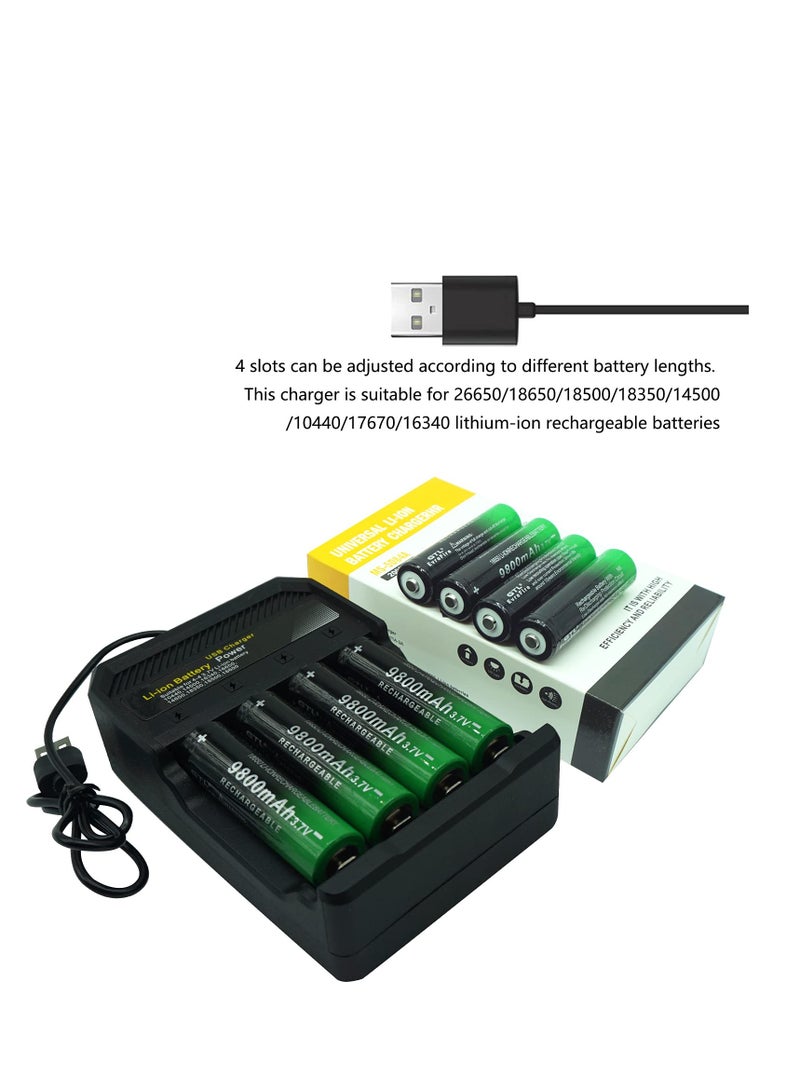 4 PCS 18650 Battery charge with 3.7V 9800mAh Button Top Rechargeable Battery and 4-Bay Charger for Headlamps, RC Cars, Flashlight, Doorbell, Camera, Small Fan, Sound Equipment and More  - Image 4