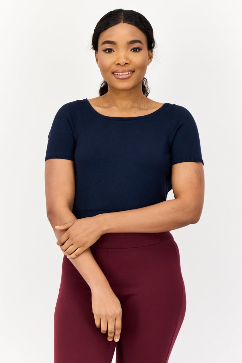 ONLY بلوزة نسائية بدون أكمام ذات ياقة دائرية، سادة، مفتوحة من الخلف، كحلي - Image 1