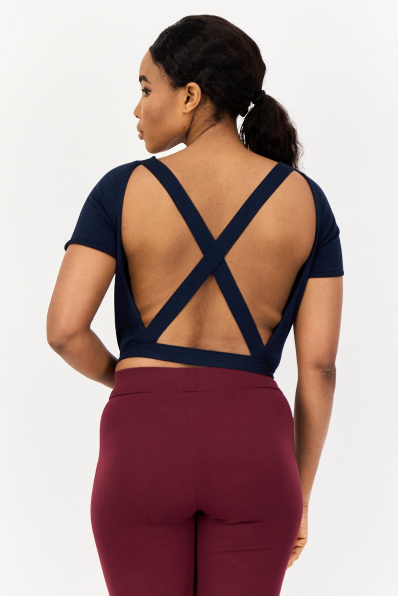 ONLY بلوزة نسائية بدون أكمام ذات ياقة دائرية، سادة، مفتوحة من الخلف، كحلي - Image 4