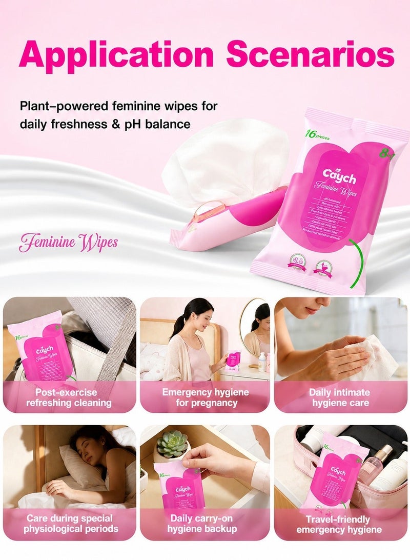 CAYCH Feminine Intimate Hygiene Wipes 16 x 6 - 96 Sheets for Women, 8 in 1 PH Balanced, Deodorizing, Moisturizing, Hypoallergenic, Flushable Biodegradable Personal Care Cleaning Wet Wipes - Image 4