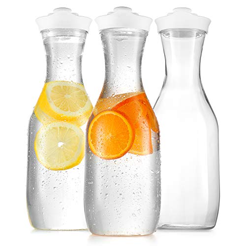 DilaBee DilaBee Water Carafe with Lids  50 Oz  Plastic Juice Pitcher Carafes for Mimosa Bar Milk Smoothie Iced Tea  Drink Containers for Fridge  Food Grade BPAFree  3 Pack  Not Dishwasher Safe 