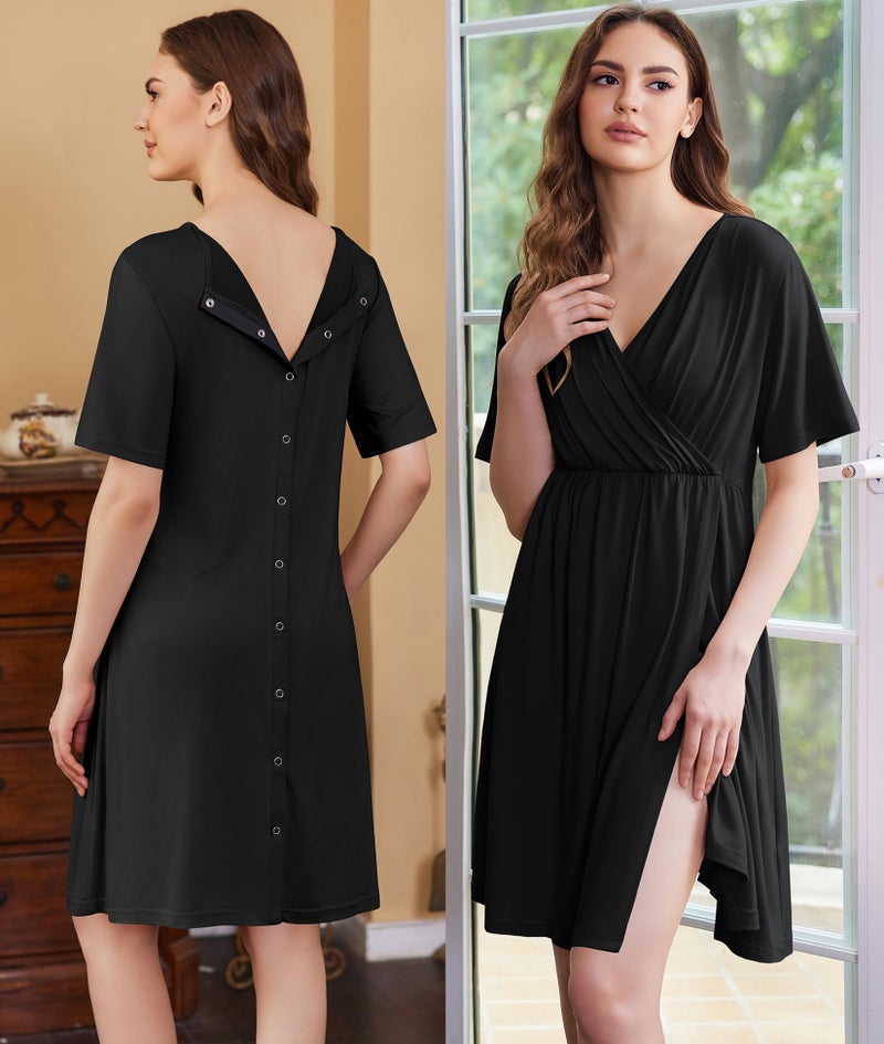 Ekouaer Labor and Delivery Gown for Hospital Short Sleeve Maternity Nursing Nightgown with Button Pregnancy Clothes Black XL - Image 4
