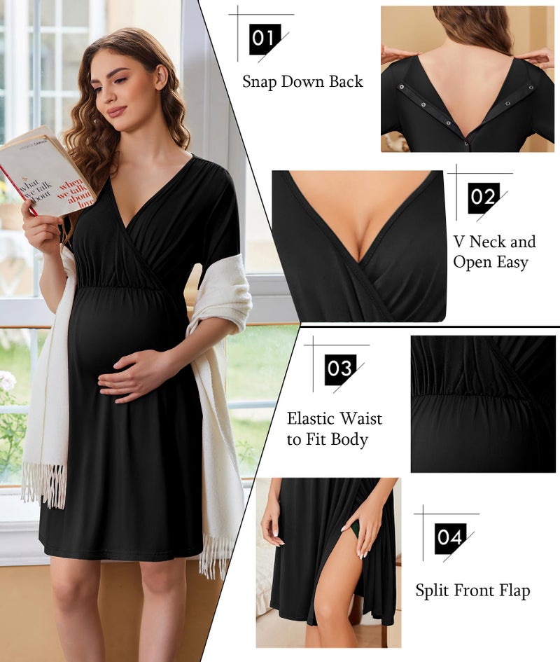 Ekouaer Labor and Delivery Gown for Hospital Short Sleeve Maternity Nursing Nightgown with Button Pregnancy Clothes Black XL - Image 2