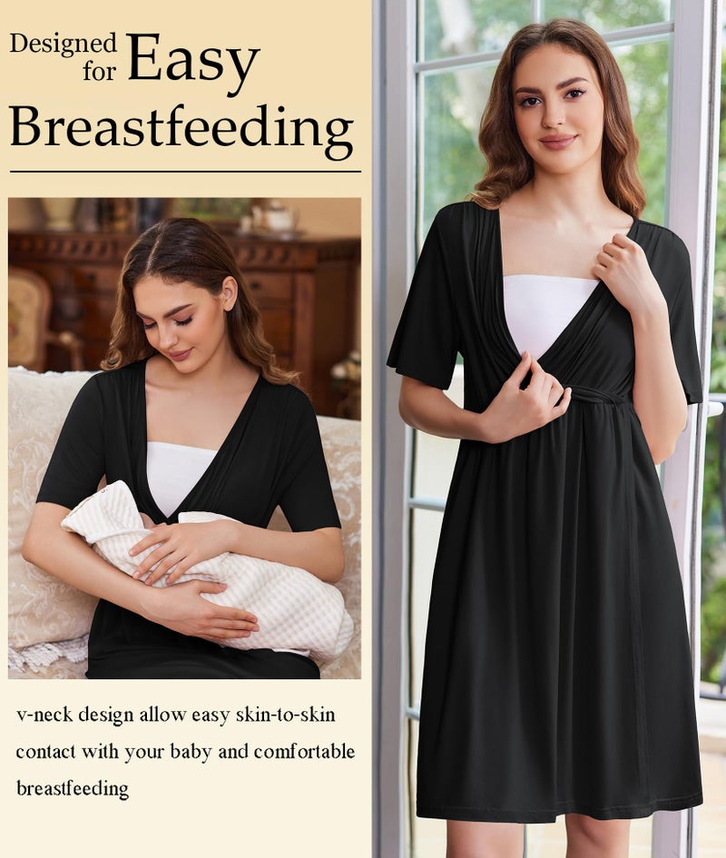 Ekouaer Labor and Delivery Gown for Hospital Short Sleeve Maternity Nursing Nightgown with Button Pregnancy Clothes Black XL - Image 3