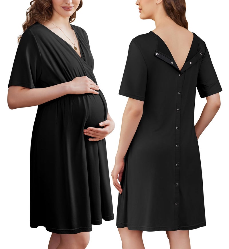 Ekouaer Labor and Delivery Gown for Hospital Short Sleeve Maternity Nursing Nightgown with Button Pregnancy Clothes Black XL - Image 1