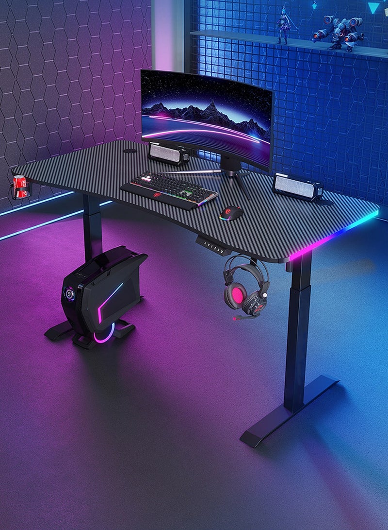 EqiEch Electric Adjustable Height Standing Gaming Desk Ergonomic Carbon Fiber Computer Desk Home Office Workstation Sit Stand Up Desk with RGB LED Lights Headphone Hook Cup Holder 120*60*(72-117)cm  - Image 1